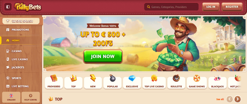 Screenshot of the BillyBets Casino homepage