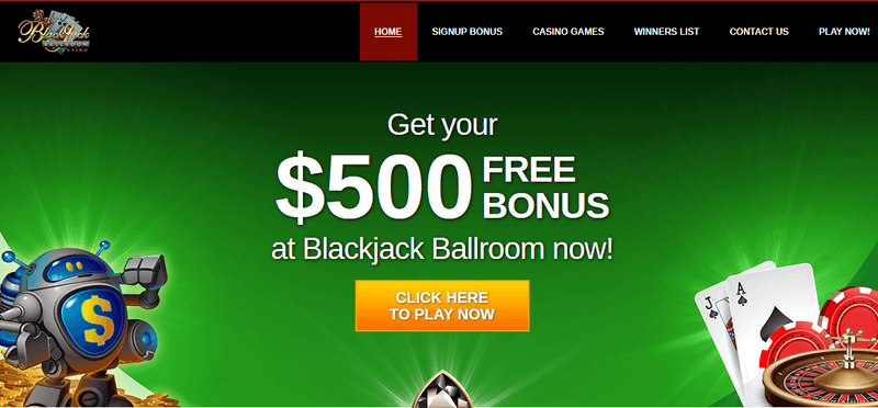 Screenshot of the Blackjack Ballroom Casino homepage
