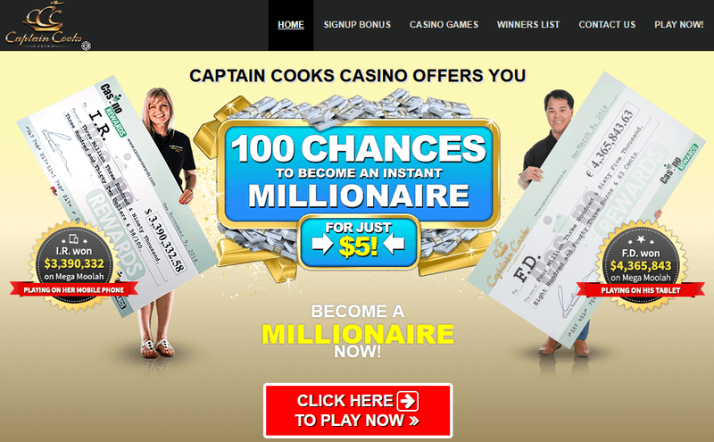 Screenshot of the Captain Cooks Casino homepage