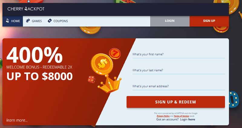 Screenshot of the Cherry Jackpot Casino homepage