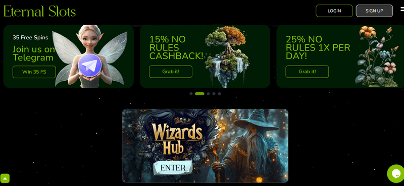 Screenshot of the Eternal Slots Casino homepage
