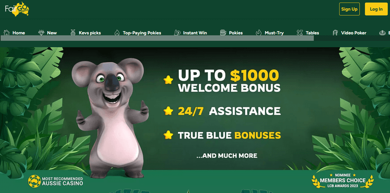 Screenshot of the Fair Go Casino homepage