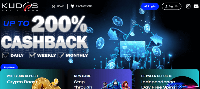 Screenshot of the Kudos Casino homepage