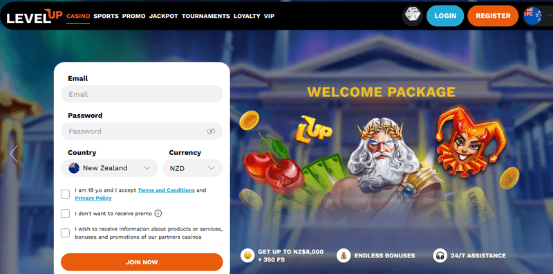 Screenshot of the LevelUp Casino homepage