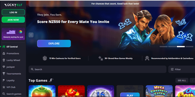 Screenshot of the Lucky Elf Casino homepage