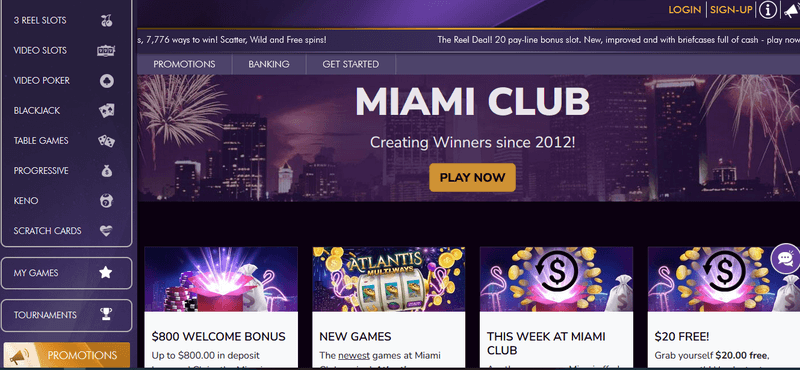 Screenshot of the Miami Club Casino homepage