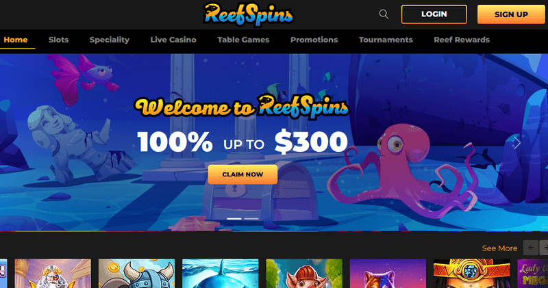 Screenshot of the ReefSpins Casino homepage