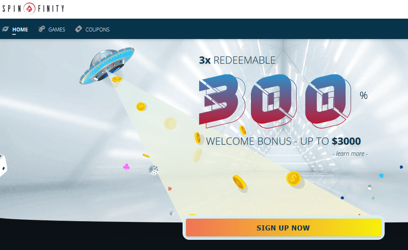 Screenshot of the Spinfinity Casino homepage