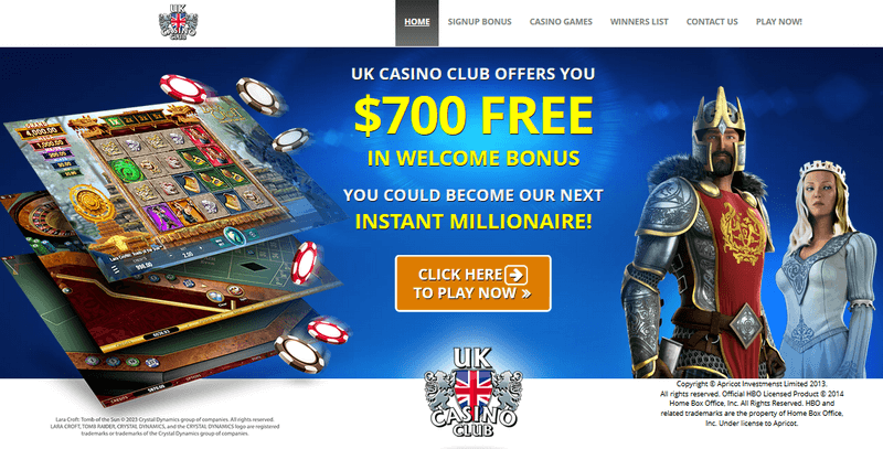 Screenshot of the UK Casino Club homepage