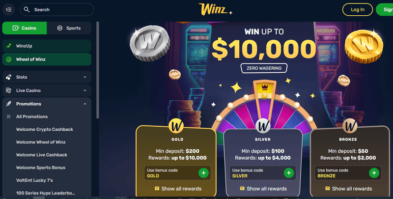 Screenshot of the Winz Casino homepage
