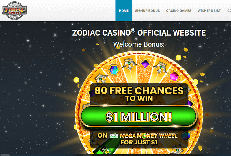 Screenshot of Zodiac Casino homepage